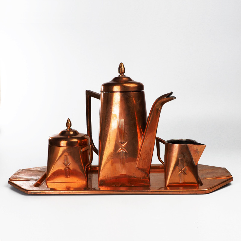 Miedziany garnitur zestaw do kawy herbaty Art Deco
